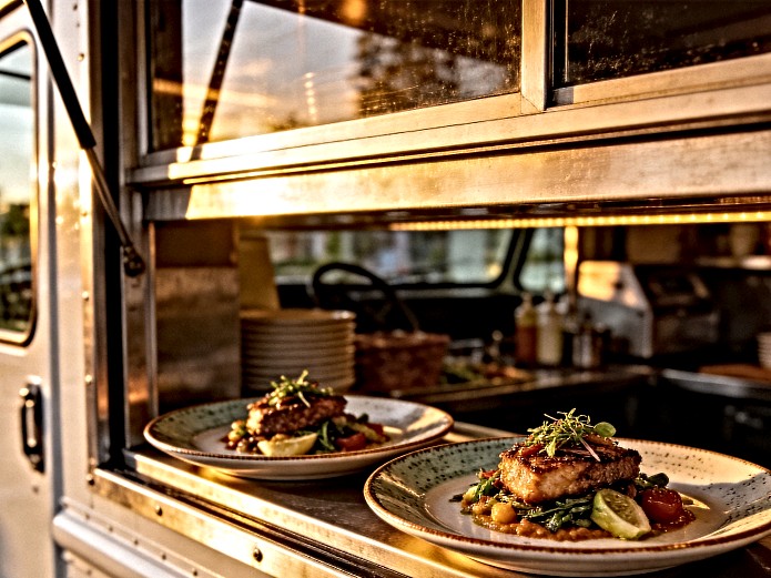 ceramic tableware for food trucks displaying gourmet street food at a modern mobile kitchen serving window
