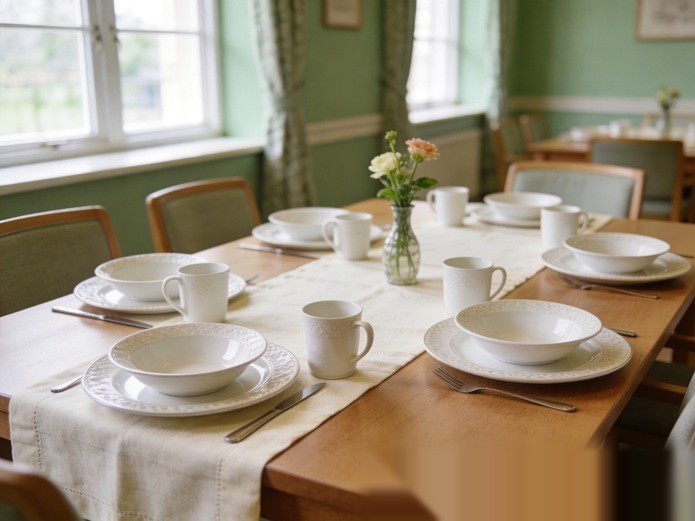 ceramic tableware for senior care facilities displayed on a warm dining table with white plates and mugs for elderly residents