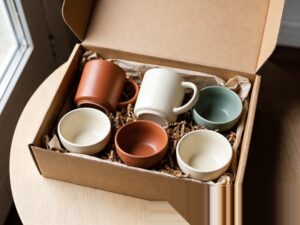ceramic tableware subscription boxes with curated stoneware mugs displayed in branded kraft packaging for monthly delivery