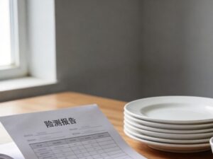 ceramic test report document next to stacked white ceramic plates on wooden desk for B2B buyer quality verification