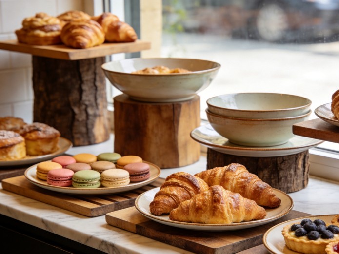 ceramic tableware for bakeries with croissants and macarons arranged on marble display counter