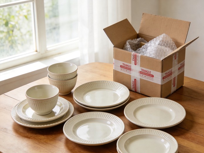 dropshipping ceramic tableware feasibility concept showing dinnerware set and shipping box on wooden table
