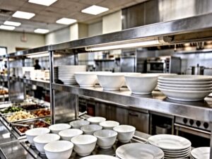 university dining ceramic tableware arranged on stainless steel serving line for campus foodservice