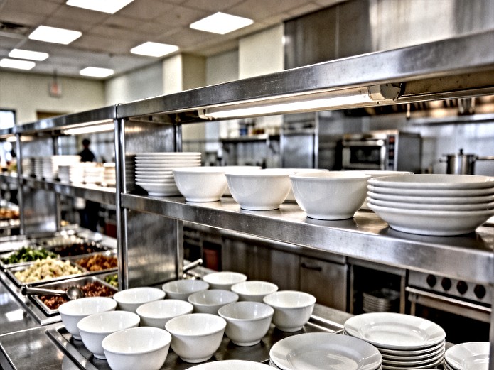 university dining ceramic tableware arranged on stainless steel serving line for campus foodservice