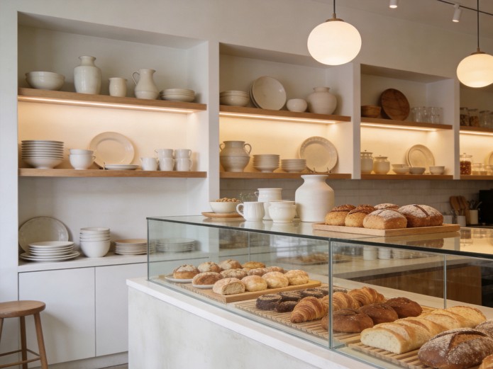 patisserie ceramic dishes displayed on Scandinavian style open shelves in modern bakery