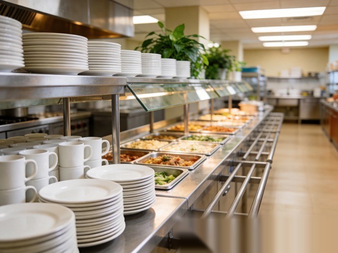 commercial healthcare kitchen with organized stacks of ceramic plates and mugs ready for senior care meal service