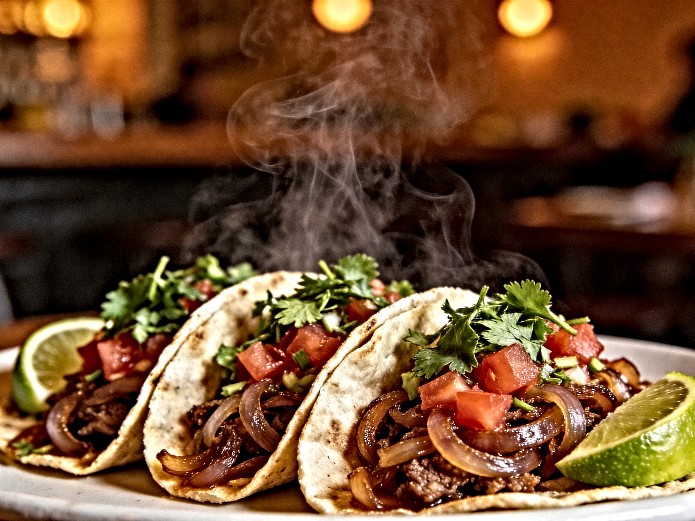 hot street tacos served on a white ceramic plate showing quality food presentation for mobile dining