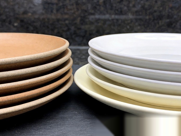 vitrified stoneware and porcelain plates stacked for outdoor dining material comparison