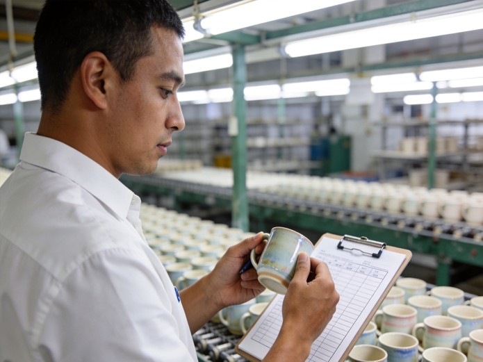 factory quality control inspector examining ceramic mug on production line with clipboard checklist