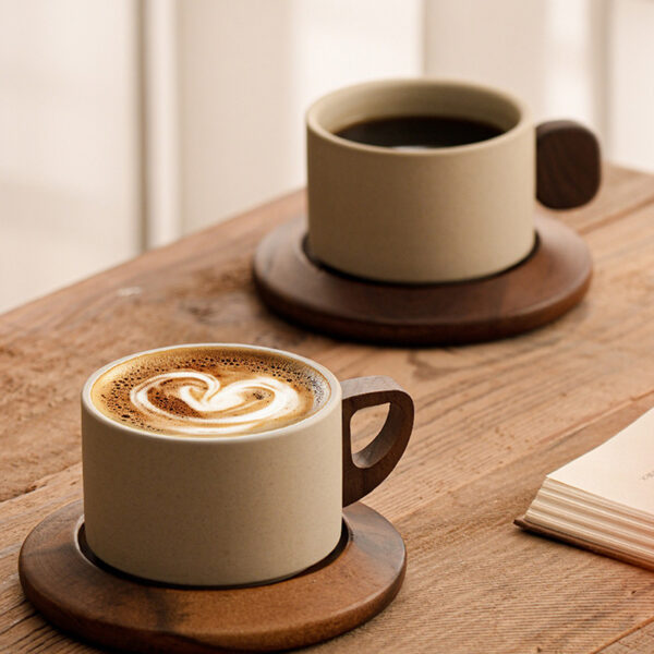 Nordic ceramic coffee cup set wholesale with wooden saucer