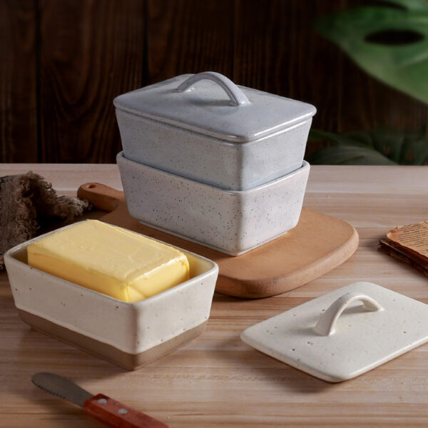 Rustic speckled ceramic butter dish with lid