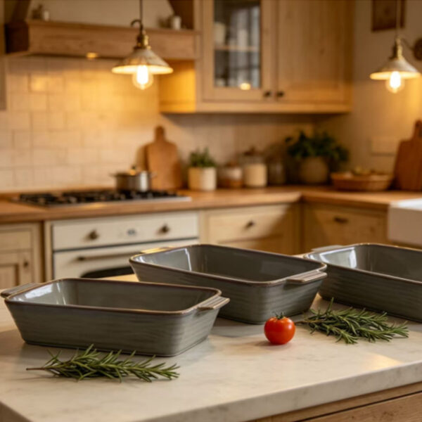 Rustic sage grey ceramic baking dish