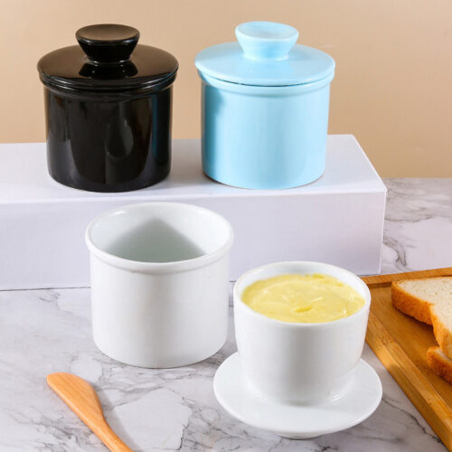 Classic white ceramic butter crock with lid