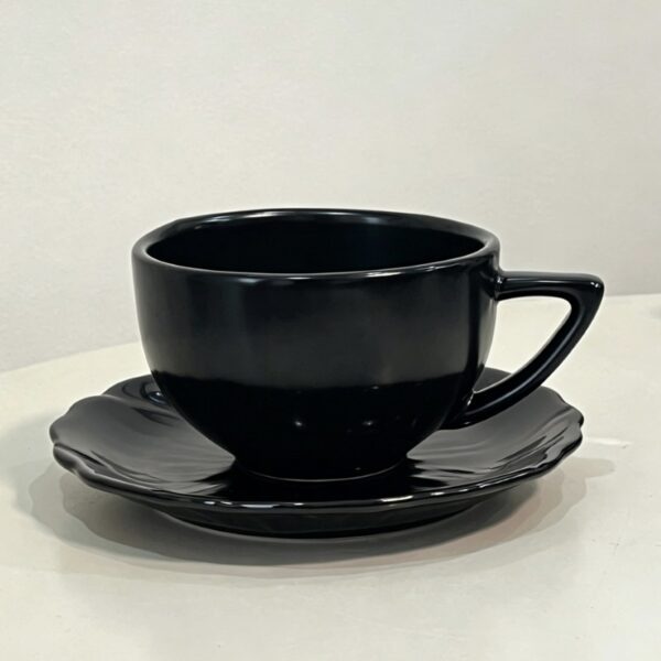 Glossy Black ceramic cappuccino cup and saucer with decorative flower-edged saucer