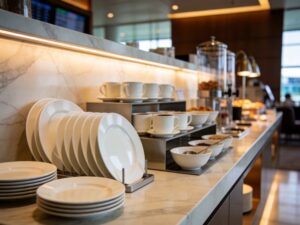 airport lounge ceramic tableware displayed on a marble buffet counter with white plates and coffee cups