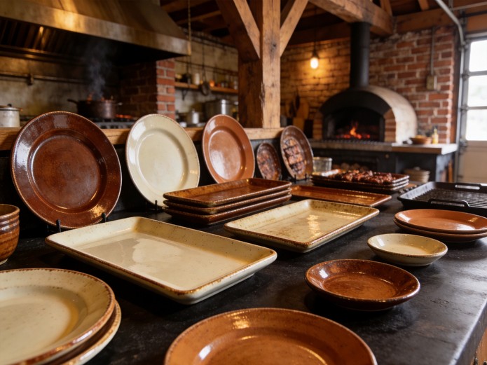 collection of bbq restaurant ceramic plates and rectangular serving platters in earth-tone glazes