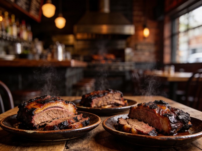 BBQ Restaurant Ceramic Plates: A Sourcing Guide for Smokehouses and Grill Houses 5 bbq restaurant ceramic plates with smoked brisket served on dark earth-tone stoneware in a rustic smokehouse setting