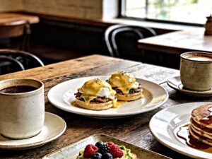 brunch restaurant ceramic tableware featuring eggs Benedict, pancakes, coffee cups and serving platters arranged on a rustic wooden restaurant table