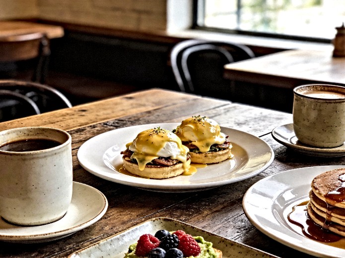 brunch restaurant ceramic tableware featuring eggs Benedict, pancakes, coffee cups and serving platters arranged on a rustic wooden restaurant table