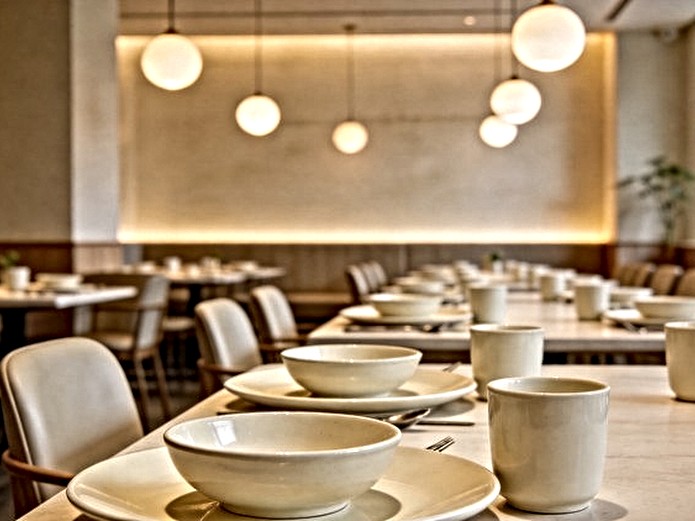 restaurant dining table set with consistently colored ceramic plates and bowls for chain operations