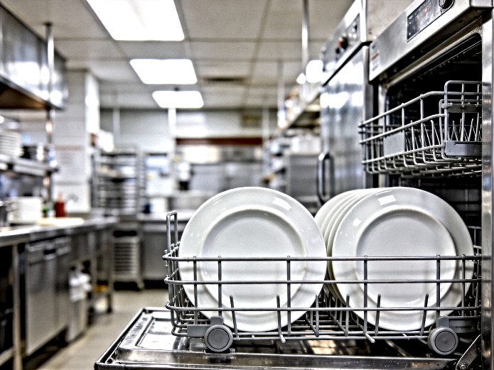 ceramic plates loaded in commercial dishwasher rack for high turnover food court cleaning