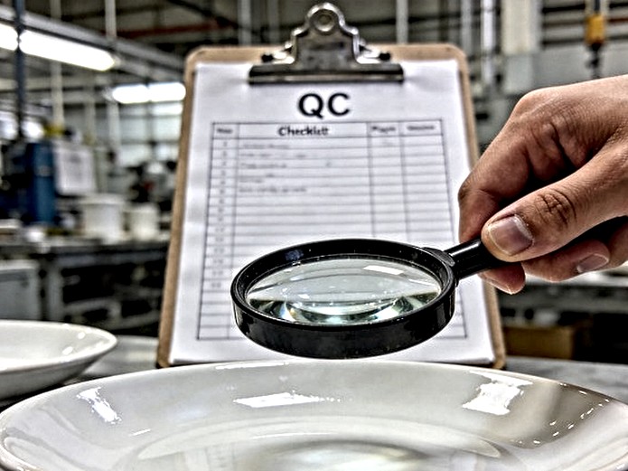 ceramic quality acceptance standard inspection with magnifying glass examining glaze finish on white ceramic dish in factory setting
