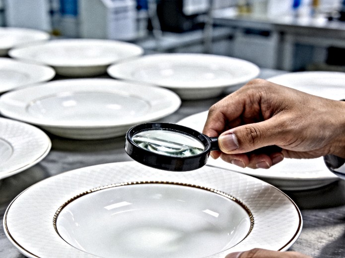 healthcare ceramic tableware quality inspection with magnifying glass for hospital procurement
