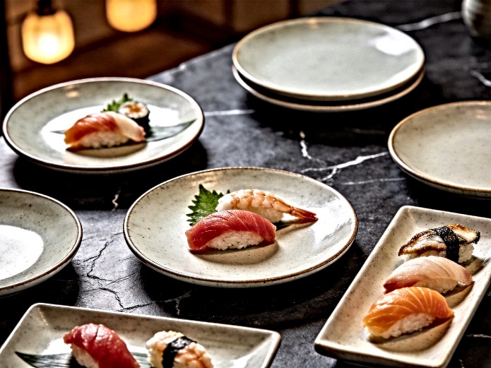 ceramic tableware sushi restaurants with various nigiri plates and sashimi platters displayed on dark slate countertop