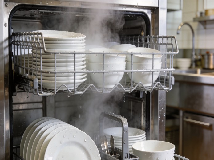 ceramic dishware in commercial rack dishwasher showing thermal shock risk