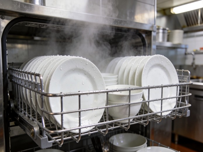 white ceramic plates and bowls in commercial stainless steel dishwasher rack