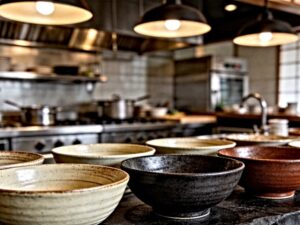 ceramic ramen bowls arranged on a dark countertop in a professional restaurant kitchen for commercial sourcing