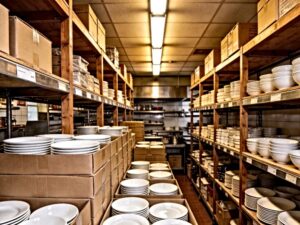 ceramic tableware reorder strategy warehouse storage with stacked plates and bowls for hospitality procurement