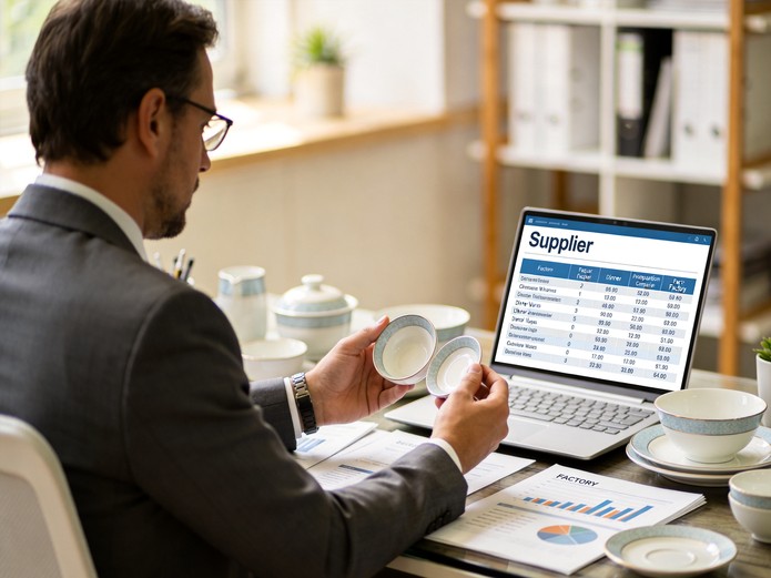 When to Switch Your Ceramic Tableware Supplier: A Buyer's Decision Framework 3 switch ceramic tableware supplier decision process with buyer examining samples and supplier data