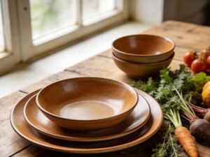 farm to table ceramic tableware arranged on a reclaimed wood farm table with fresh seasonal vegetables for rustic restaurant dining
