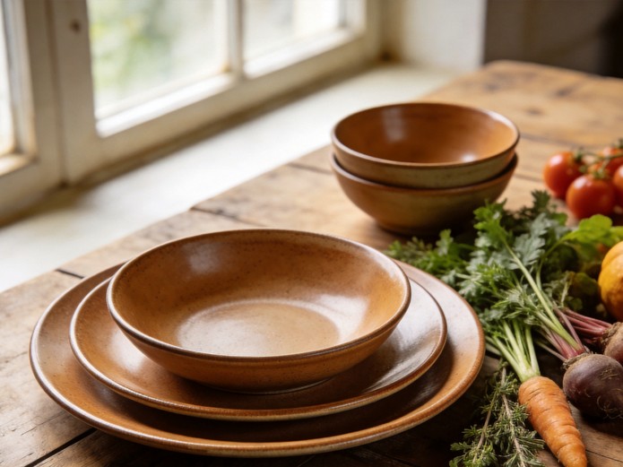 farm to table ceramic tableware arranged on a reclaimed wood farm table with fresh seasonal vegetables for rustic restaurant dining