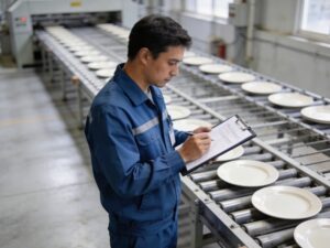 factory inspector reviewing ceramic production documents during supplier audit
