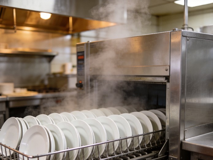Fast Casual Ceramic Tableware: How Chain Restaurants Source Durable, Brand-Consistent Dinnerware at Scale 2 commercial ceramic dinnerware undergoing dishwasher cycle testing in restaurant kitchen environment