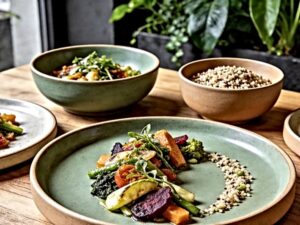 plant-based restaurant ceramic tableware in sage and sand stoneware arranged on natural wood table with fresh vegetable dishes