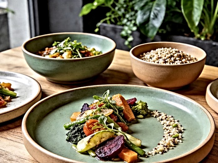 plant-based restaurant ceramic tableware in sage and sand stoneware arranged on natural wood table with fresh vegetable dishes