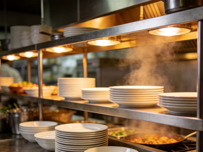 ghost kitchen ceramic tableware stacked on stainless steel counters for virtual restaurant operations