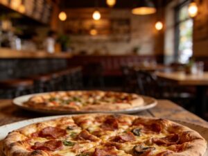 ceramic tableware for pizza restaurants displayed in a warm pizzeria setting with pizzas on rustic plates