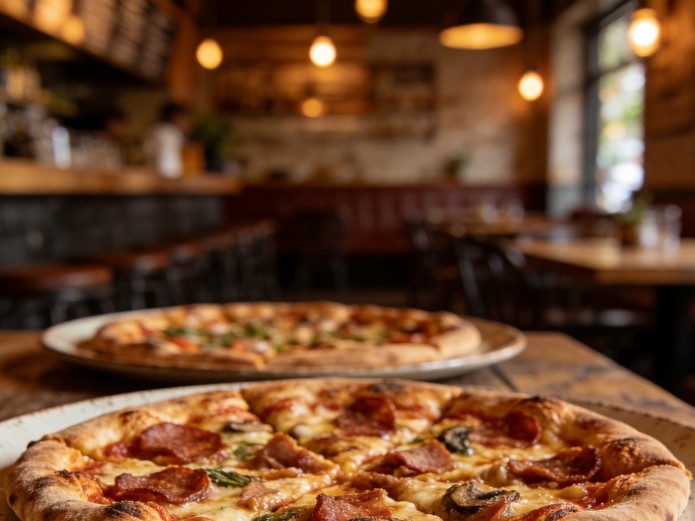 ceramic tableware for pizza restaurants displayed in a warm pizzeria setting with pizzas on rustic plates
