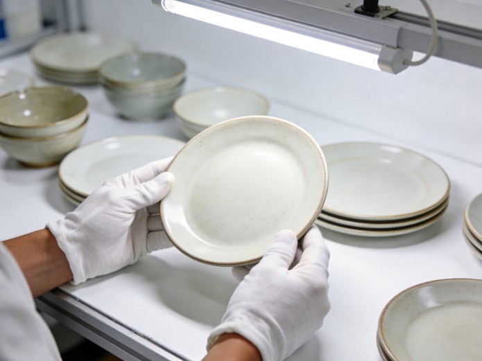 ceramic plates and bowls being inspected under bright QC light for quality audit
