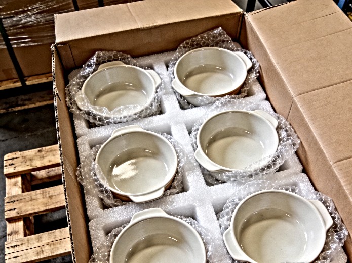 Ceramic Baking Dishes and Oven-to-Table Serveware: A Restaurant Sourcing Guide 3 ceramic baking dishes carefully packed in protective foam inside corrugated shipping box for commercial export