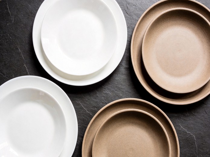 porcelain and stoneware dinner plates side by side on slate countertop for airline lounge tableware comparison