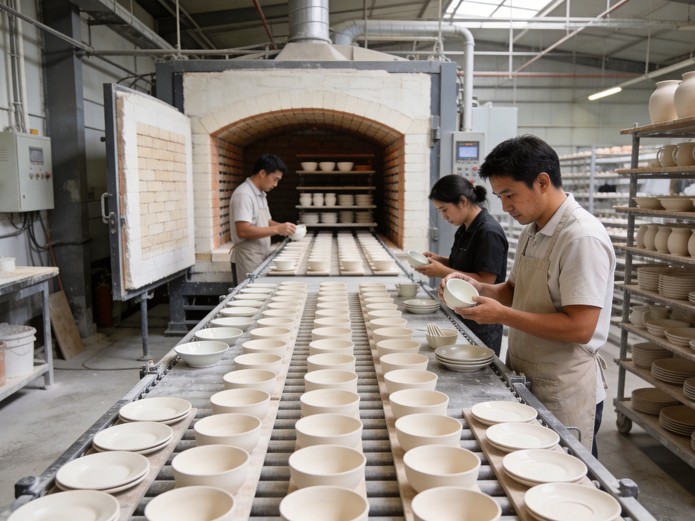 workers examining ceramic tableware at quality control checkpoint on production line