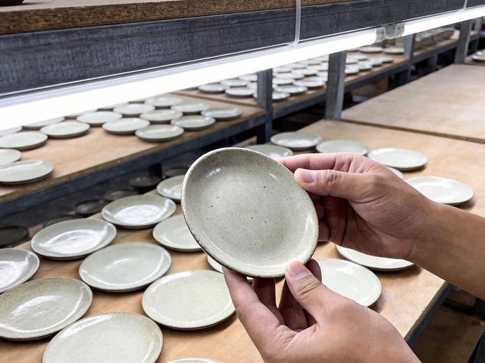 factory quality inspector checking stoneware ceramic plate glaze consistency and surface finish under bright overhead light