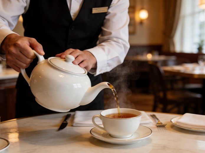 restaurant server pouring hot tea from ceramic tea sets for restaurants at fine dining table