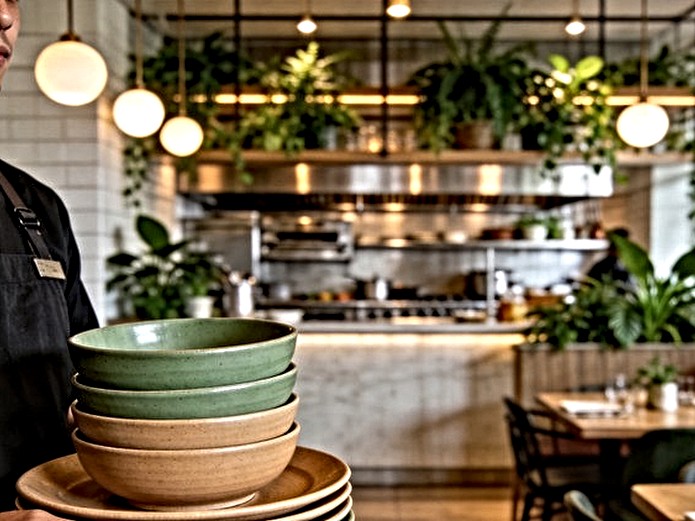 commercial plant-based restaurant ceramic tableware being carried by server showing stacking and durability for daily service
