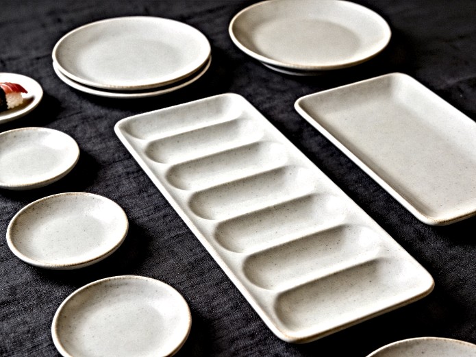 ceramic tableware shared plates in multiple sizes for sushi restaurant service